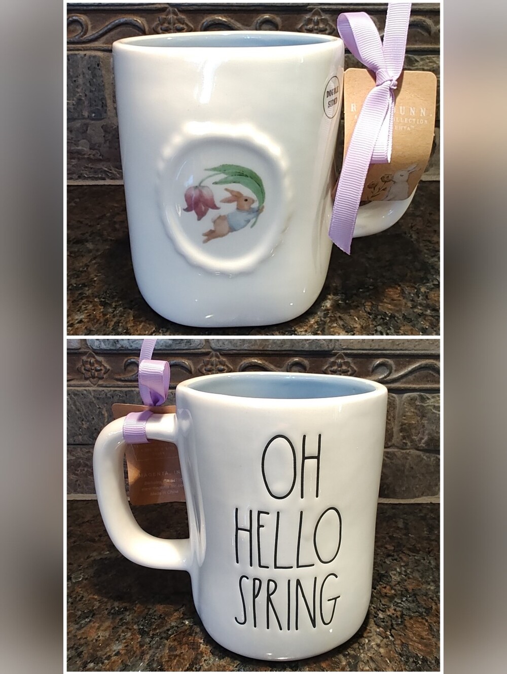 Rae Dunn "Oh Hello Spring" with Bunny and Light Blue Interior, Double-sided Mug